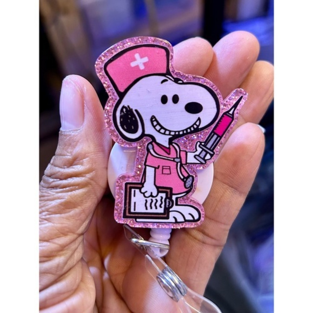 Snoopy Nurse ID Badge Reel Retractable Pink Glitter Peanuts Medical Scrubs Clip